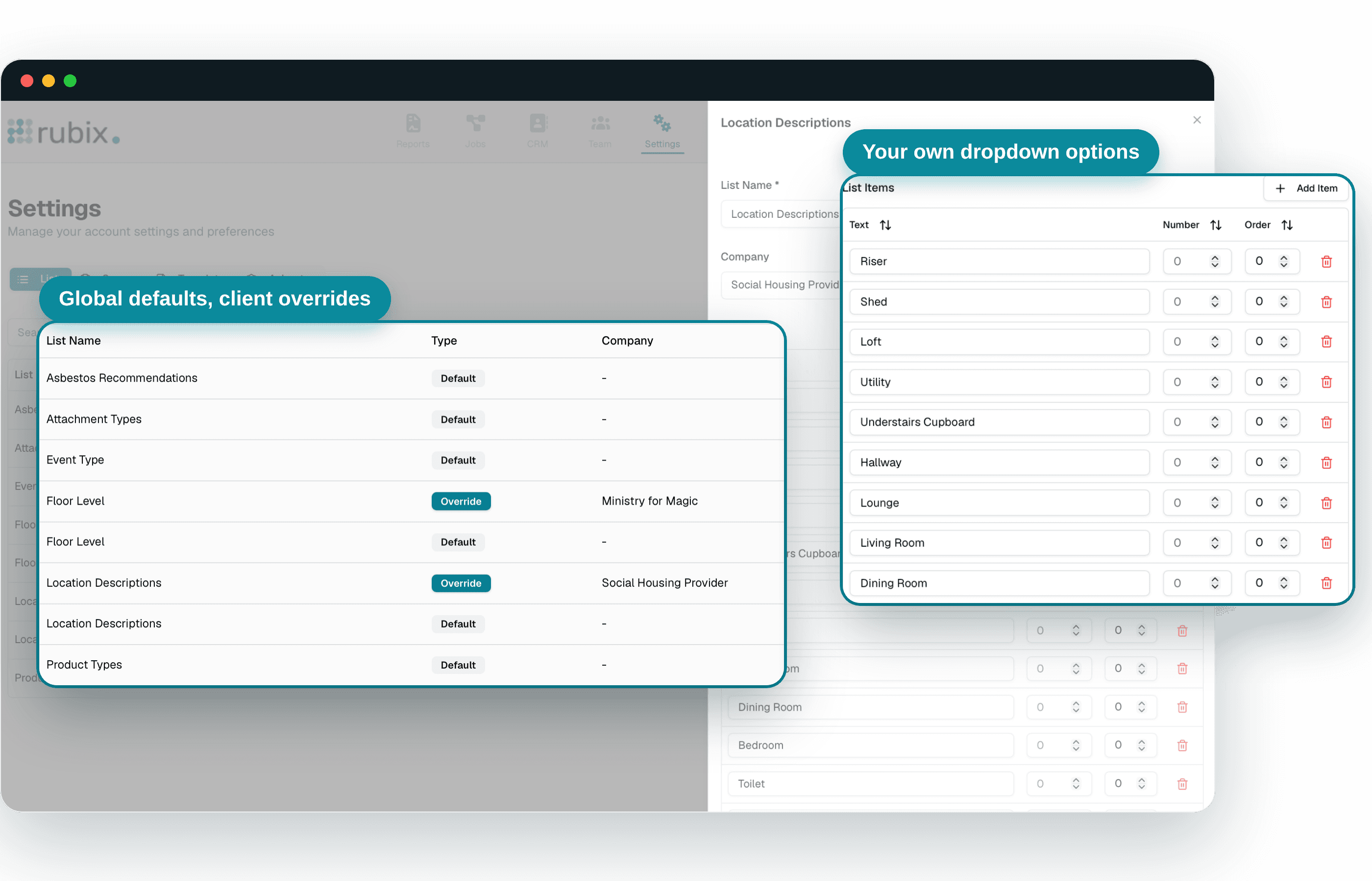 Settings screen showing global default lists with per-client overrides and an editable dropdown list