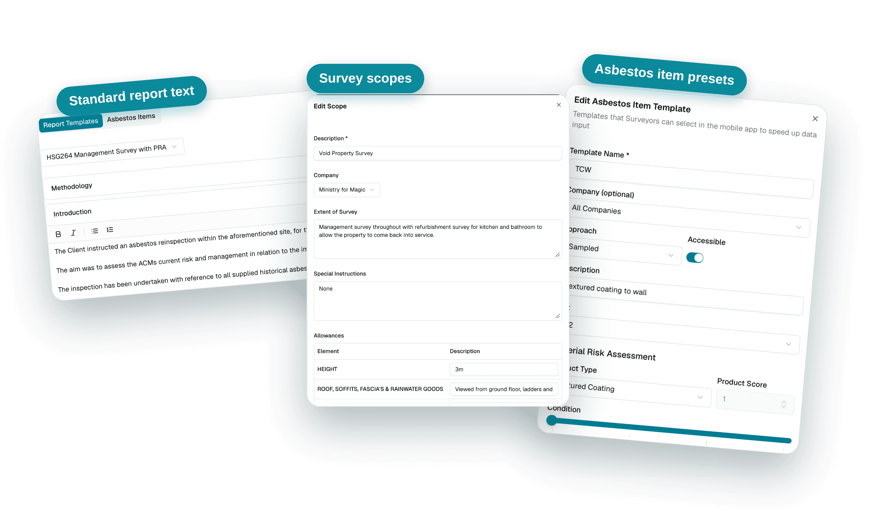 Template editors for standard report text, survey scopes and asbestos item presets