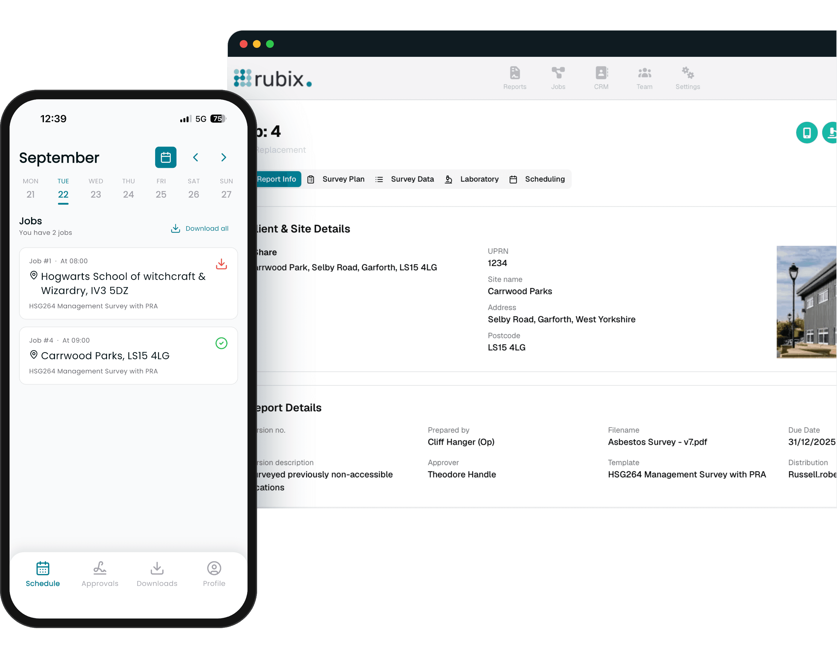 RubixMobile on a phone showing the day's jobs, alongside the web portal showing a report